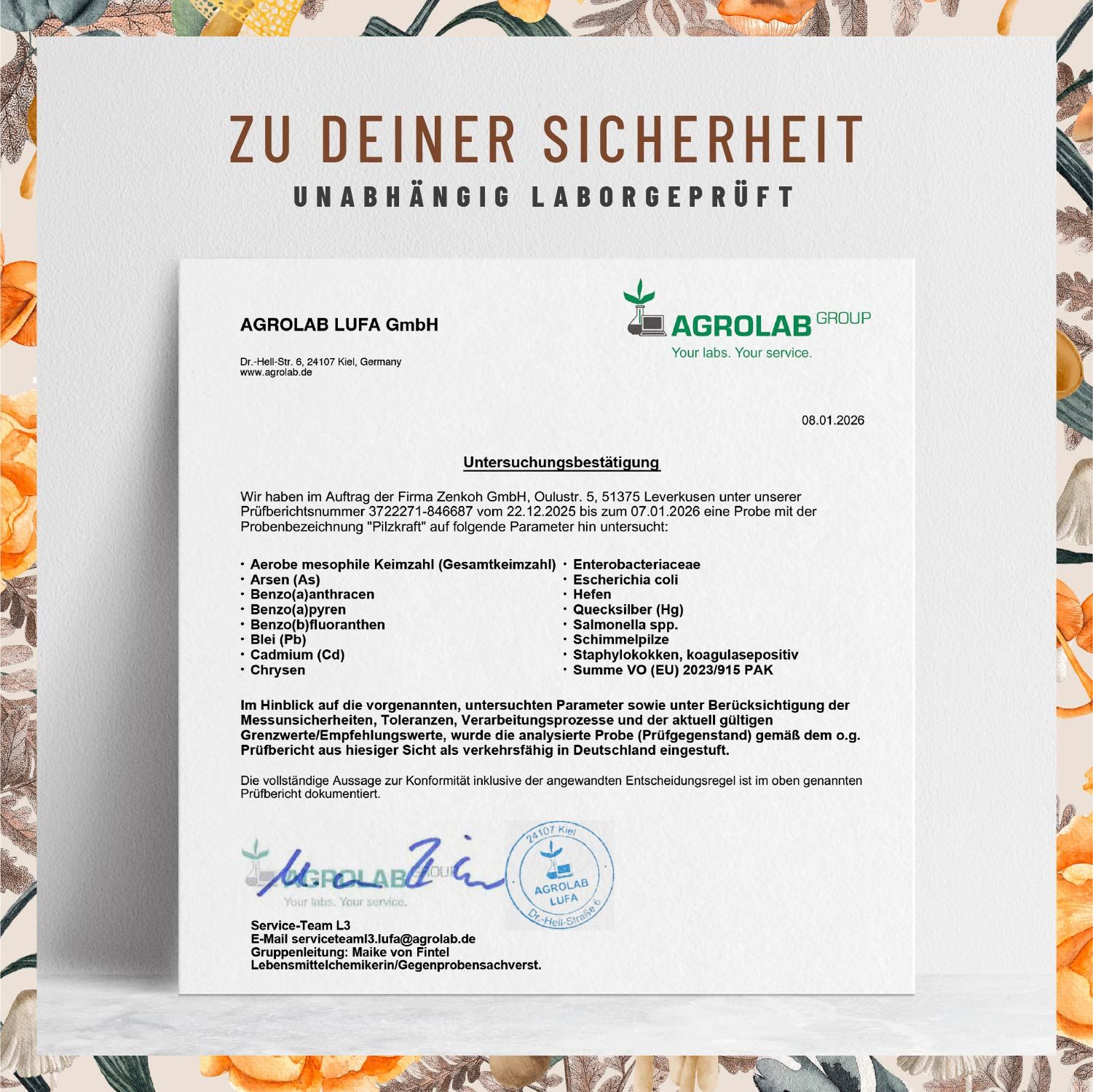 Zertifizierungsdokument von AGROLAB LUFA GmbH. Text: Unabhängig laborgeprüft. Informationen zu Untersuchungsergebnissen und Prüfbericht.