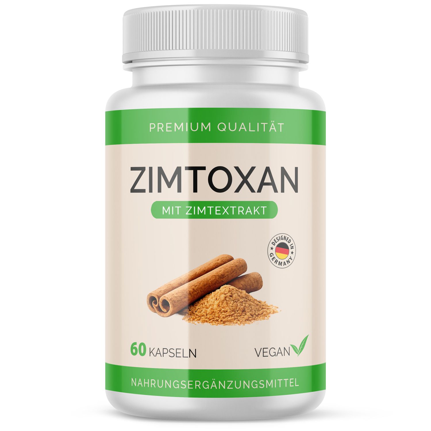 Weiße Flasche mit Zimtoxan-Kapseln. Aufschrift: Zimtoxan, Zimtextrakt, 60 Kapseln, Vegan. Abbildung von Zimtstangen und Pulver.