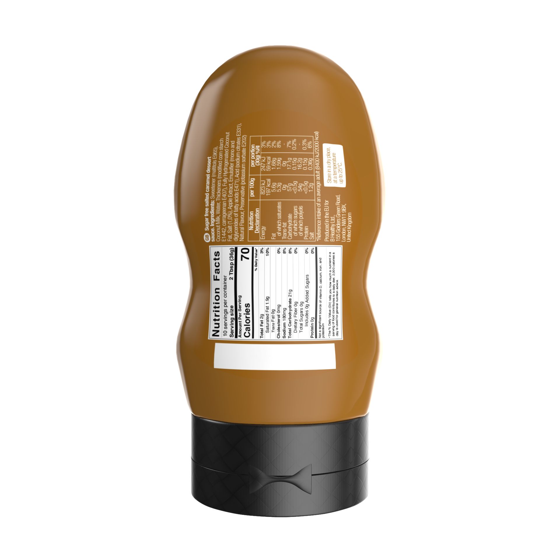 Rückseite der :Diablo Sugar Free Salted Caramel Dessert Sauce Flasche. Nährwertangaben und Text.