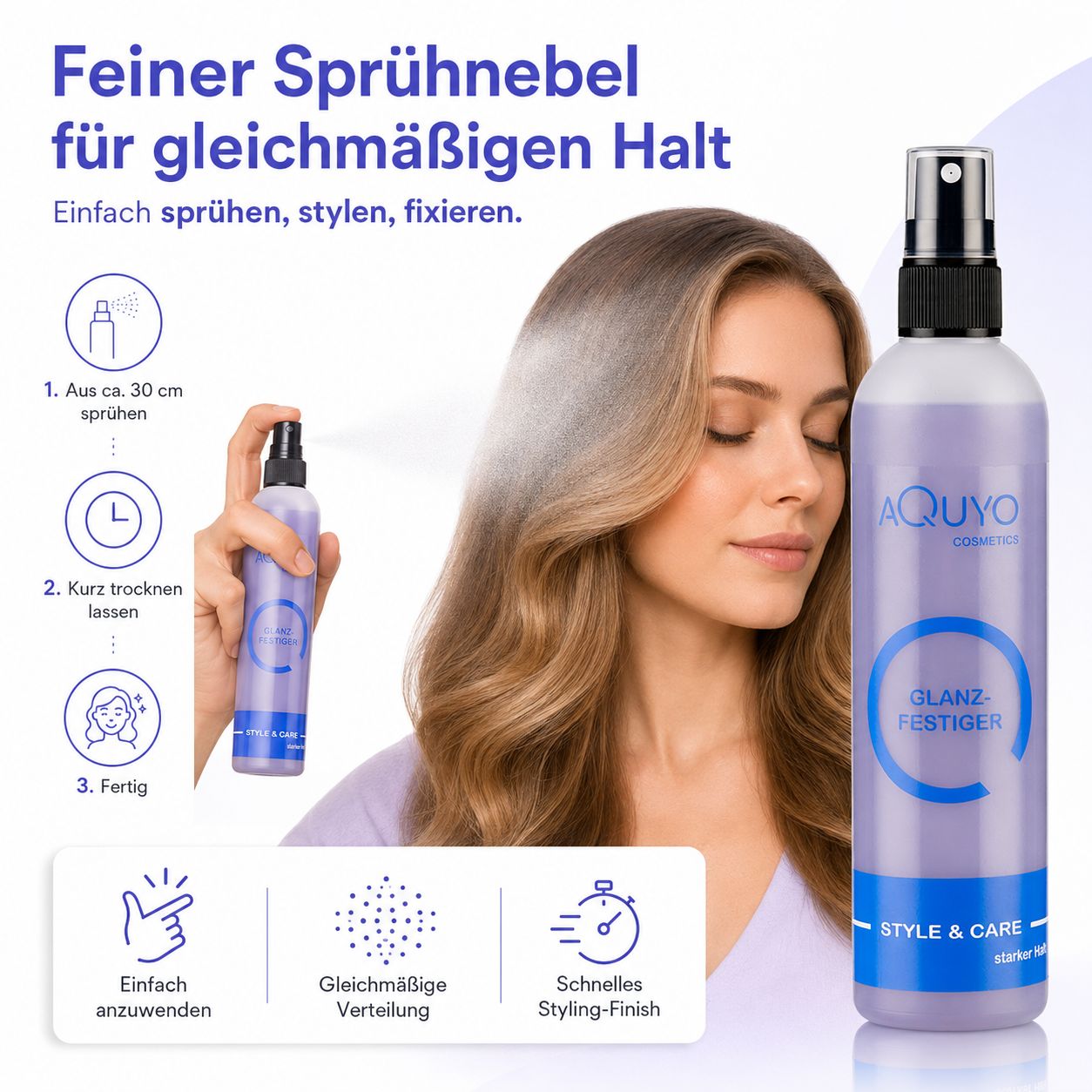 Anwendung von Haarfestiger mit feinem Sprühnebel für gleichmäßigen Halt.
