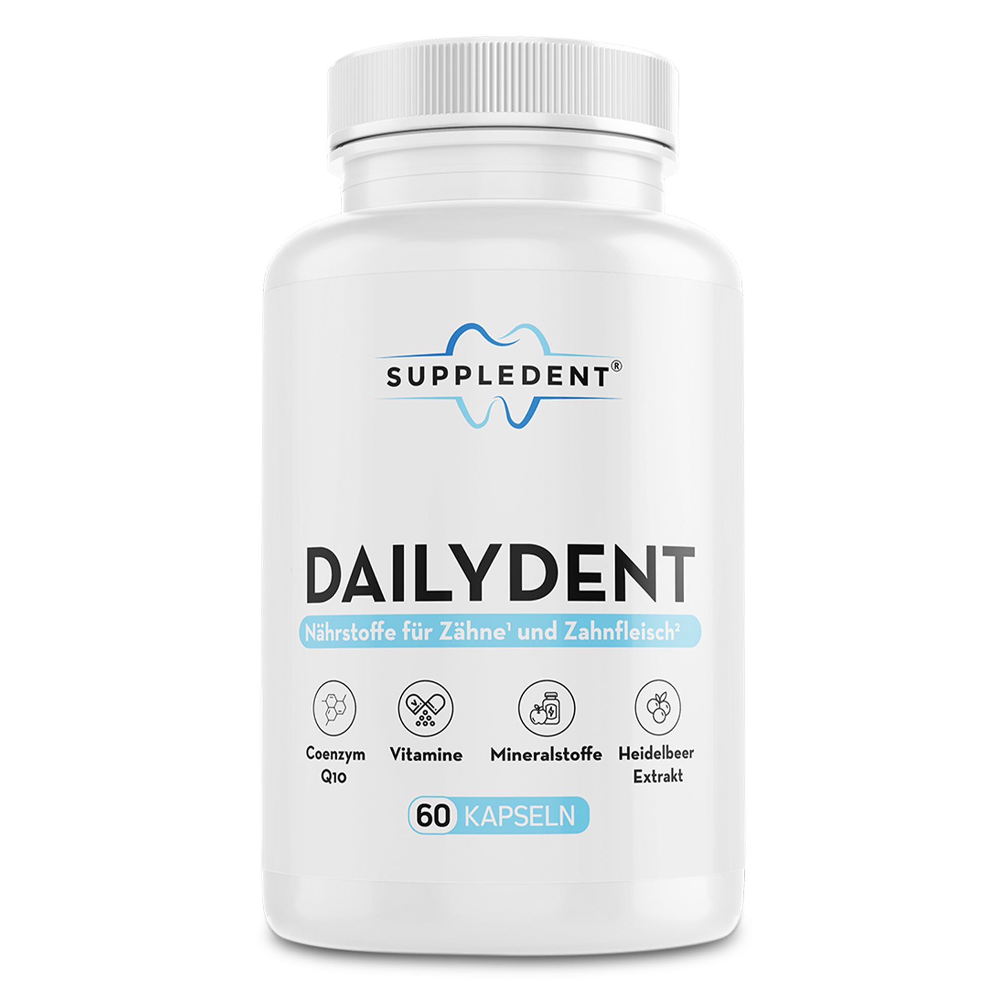Weiße Flasche mit Kapseln. Aufschrift: SUPPLEDENT, DAILYDENT, 60 Kapseln. Enthält Coenzym Q10, Vitamine, Mineralstoffe, Heidelbeerextrakt.