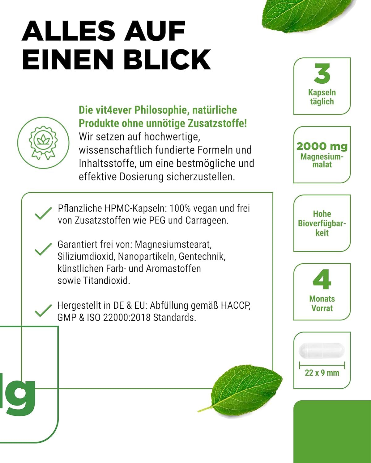 Infografik mit grünen Blättern. Text: 3 Kapseln täglich, 2000 mg Magnesiummalat, hohe Bioverfügbarkeit, 4 Monate Vorrat. Kapsel-Abmessung: 22x9 mm.
