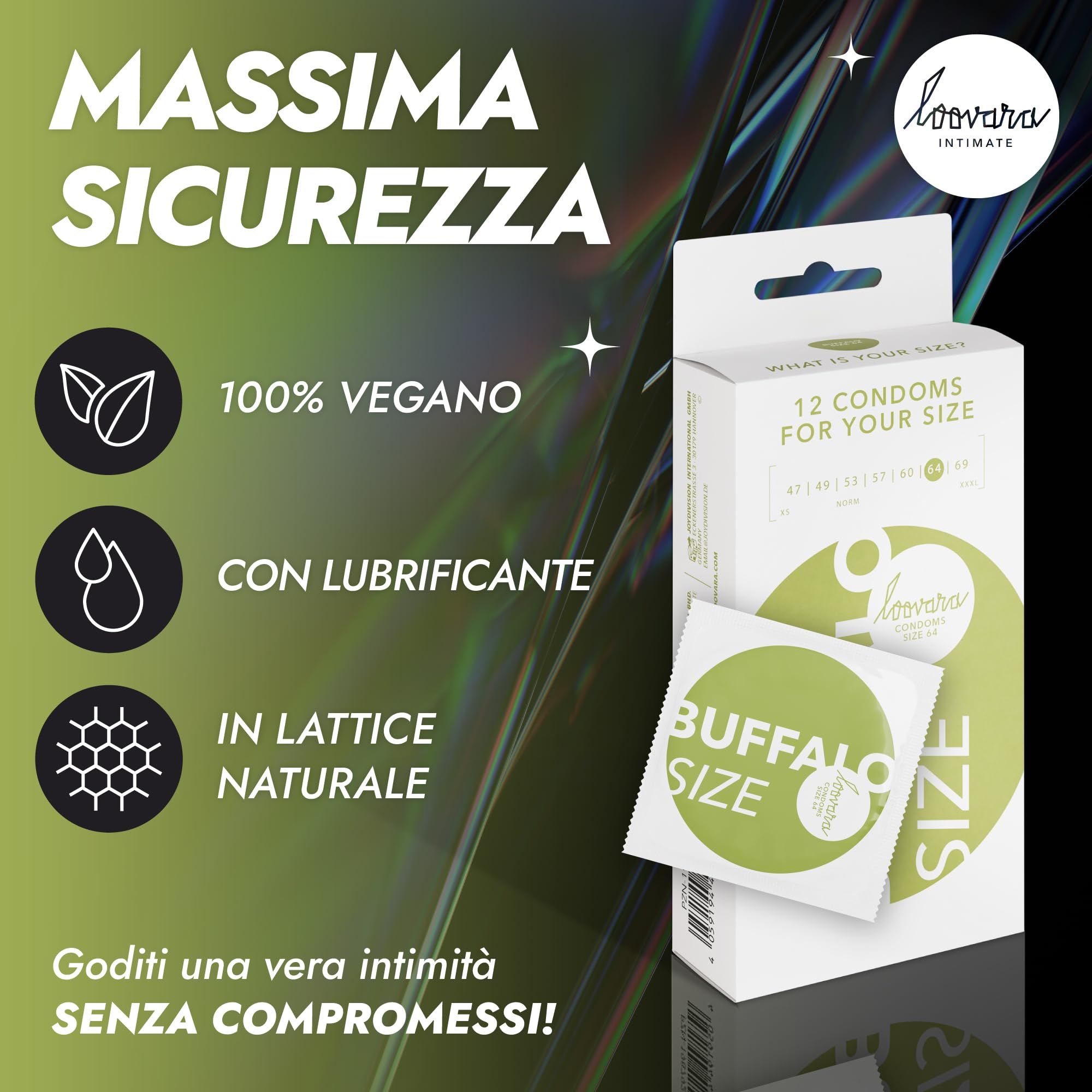 Verpackung Loovara Kondome, 12 Stück, mit Icons für vegan, Gleitmittel und Latex. Größe 64 mm.