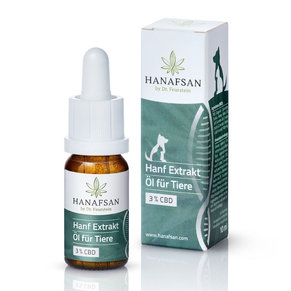 Hanf Extrakt Öl für Tiere, 3% CBD. Braune Glasflasche mit Pipette und Kartonverpackung mit Logo und Text.