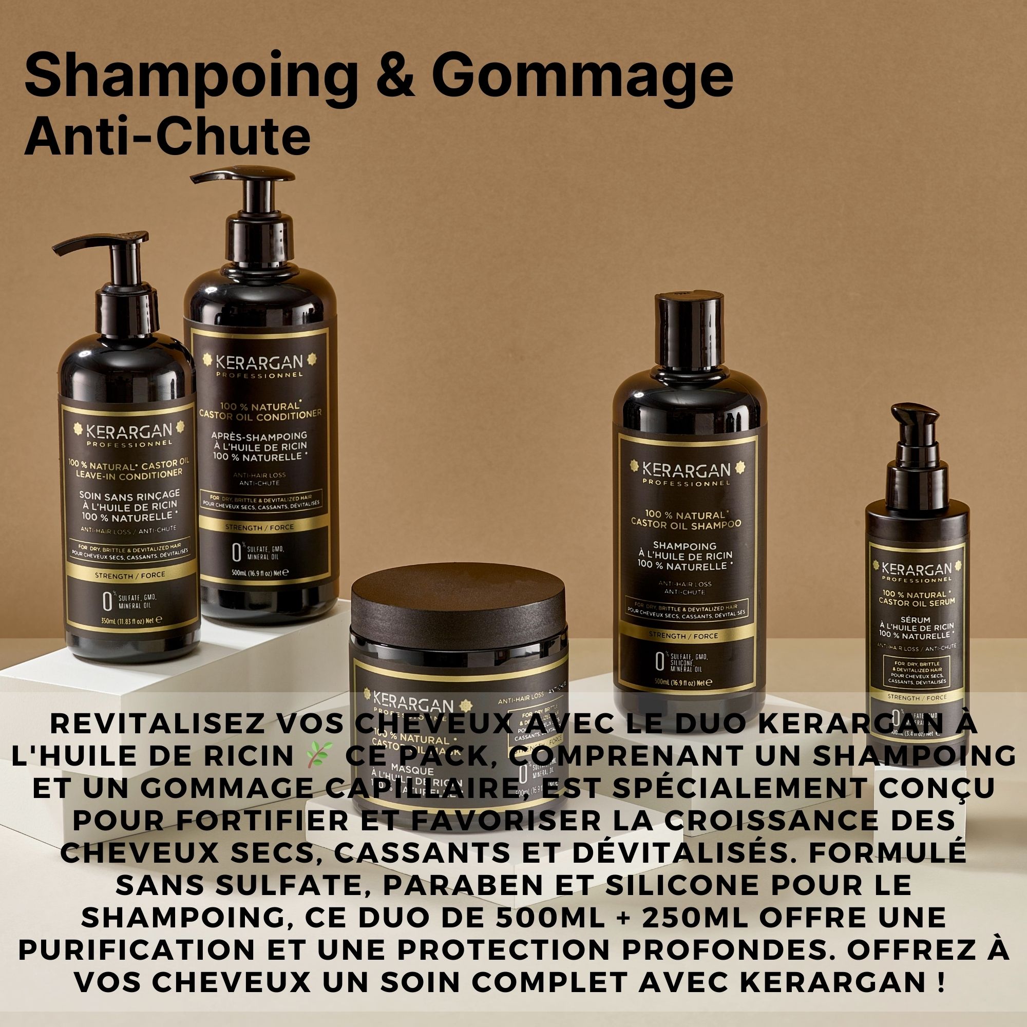 Plusieurs produits Kerargan sur une table. Flacons noirs et un pot. Texte : Shampooing & Gommage Anti-Chute.