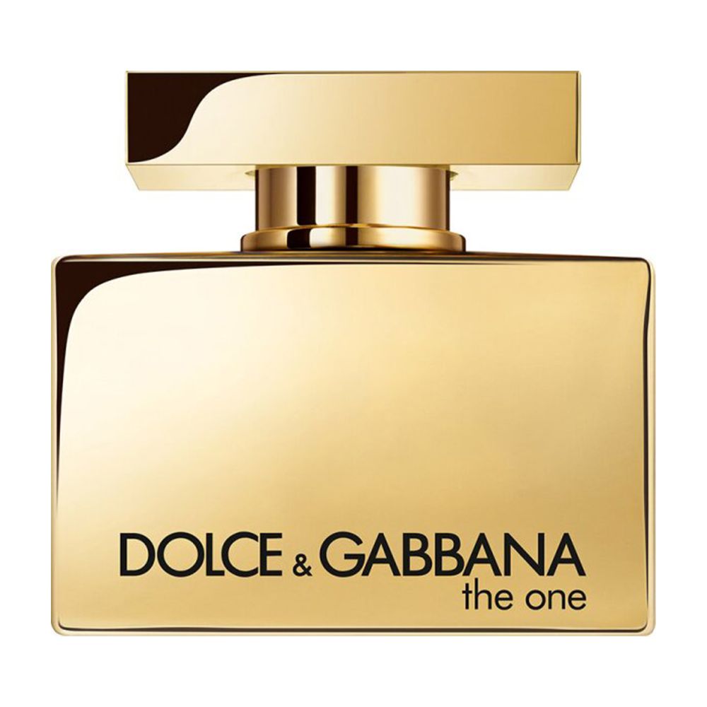 Goldfarbener Flakon. Aufschrift: Dolce & Gabbana The One. Goldener Verschluss.