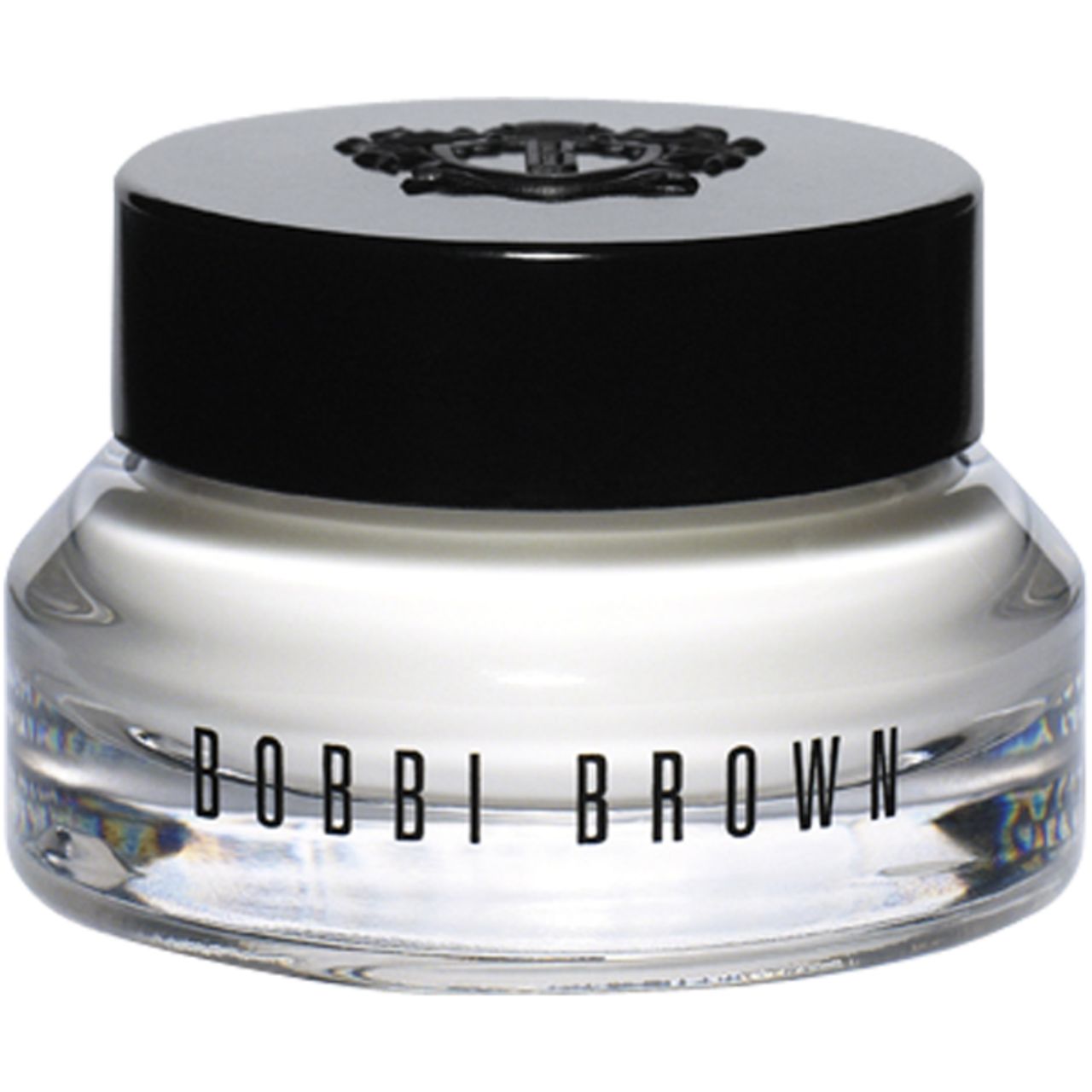 Glasbehälter mit schwarzem Deckel. Aufschrift BOBBI BROWN. Cremefarbener Inhalt sichtbar.