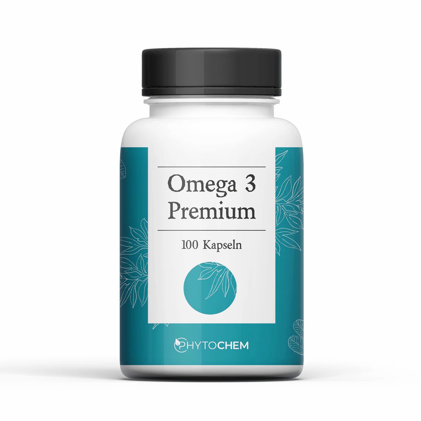 Weißes Fläschchen mit schwarzem Deckel. Aufschrift "Omega 3 Premium" und "100 Kapseln". Marke: Phytochem.