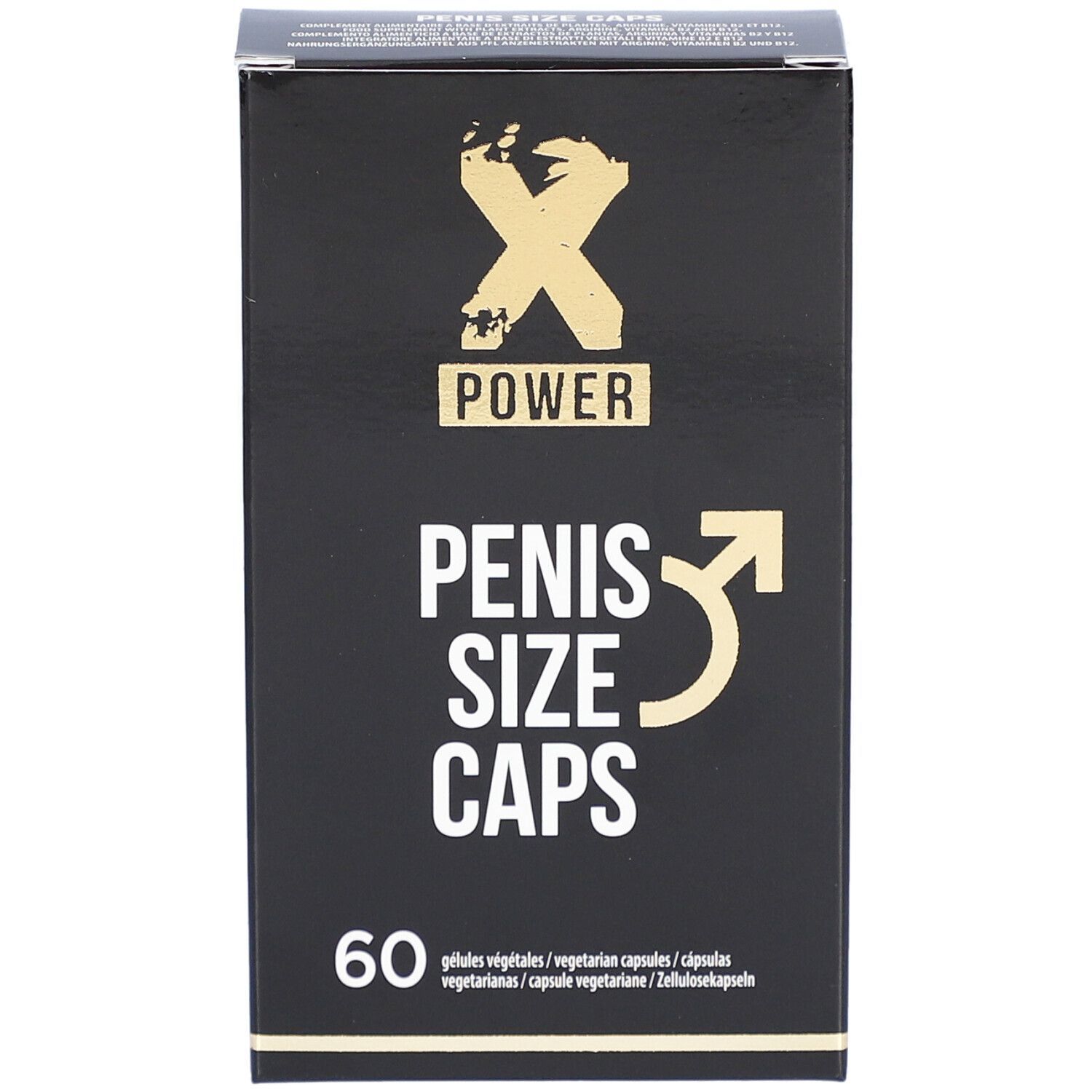 Schwarze Schachtel mit "X POWER" Logo und "PENIS SIZE CAPS" Schriftzug. Enthält 60 Kapseln.