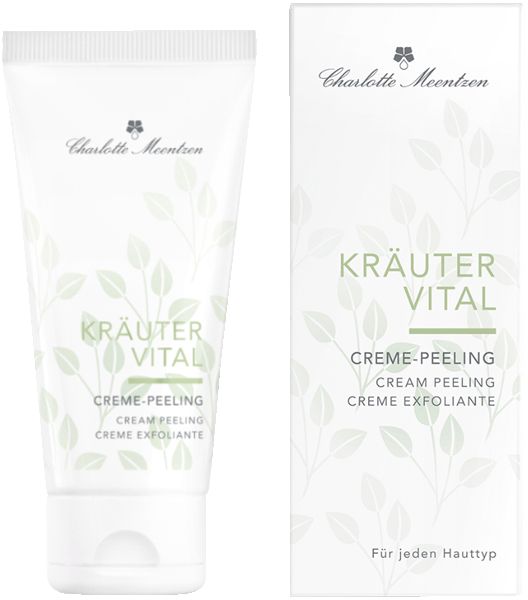 Creme-Peeling-Tube und Schachtel. Aufschrift: Kräuter Vital, Creme-Peeling, Charlotte Meentzen. Weiße Verpackung mit grünen Blättern.