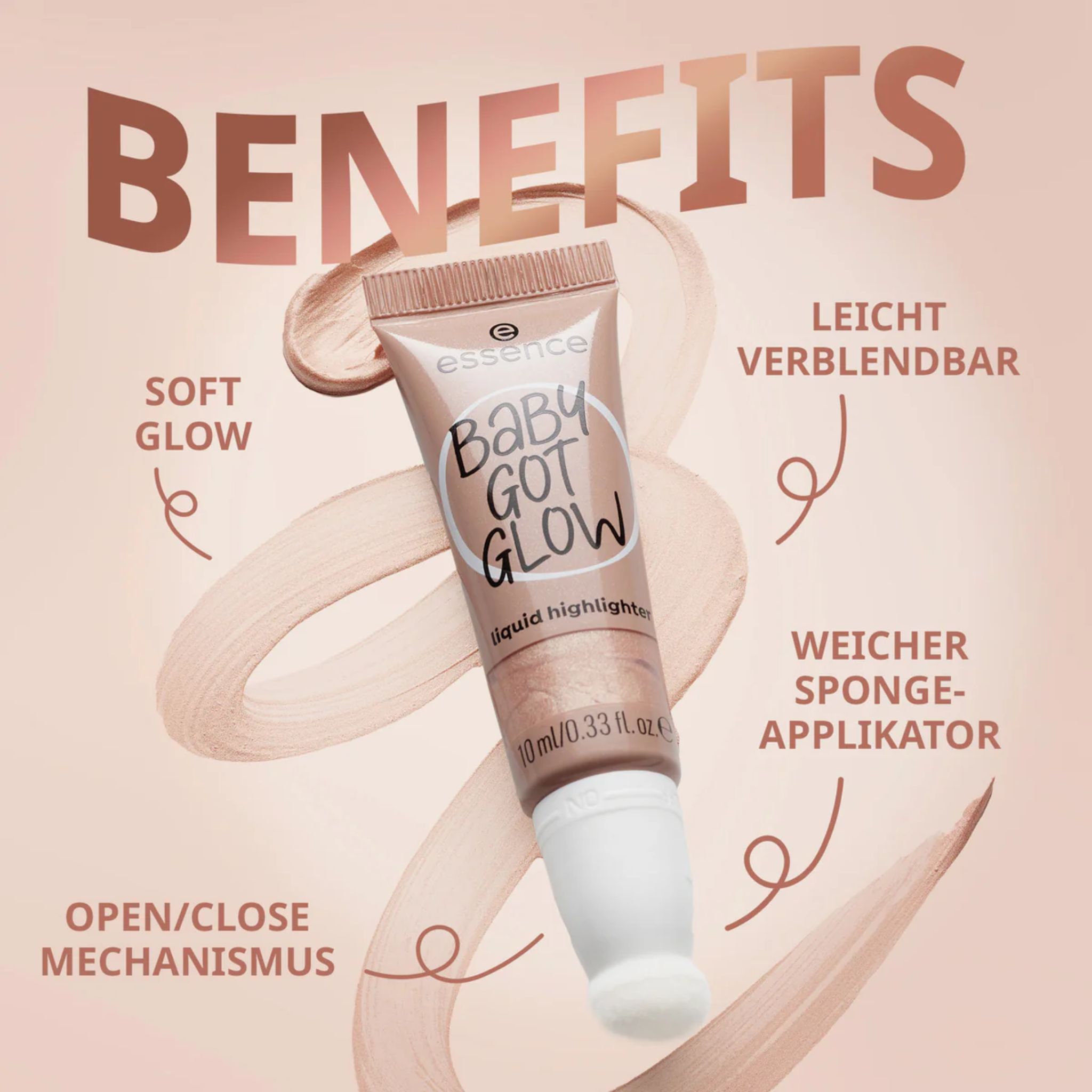 Essence Baby Got Glow Liquid Highlighter. Rosa Tube mit weißem Schriftzug. Schwamm-Applikator. 10 ml. Text: Benefits.