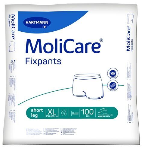 Verpackung von MoliCare Fixpants. Marke Hartmann. Enthält 100 Stück. Grösse XL. Kurzes Bein. Illustration einer Fixierhose.