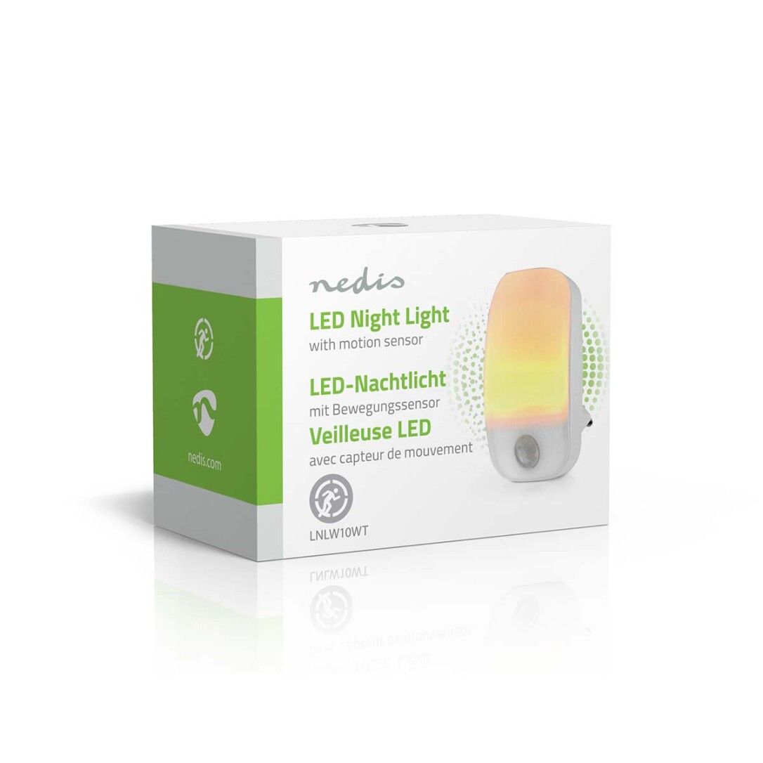 Verpackung für LED-Nachtlicht mit Bewegungssensor. Marke: Nedis. Text: LED-Nachtlicht, Veilleuse LED.
