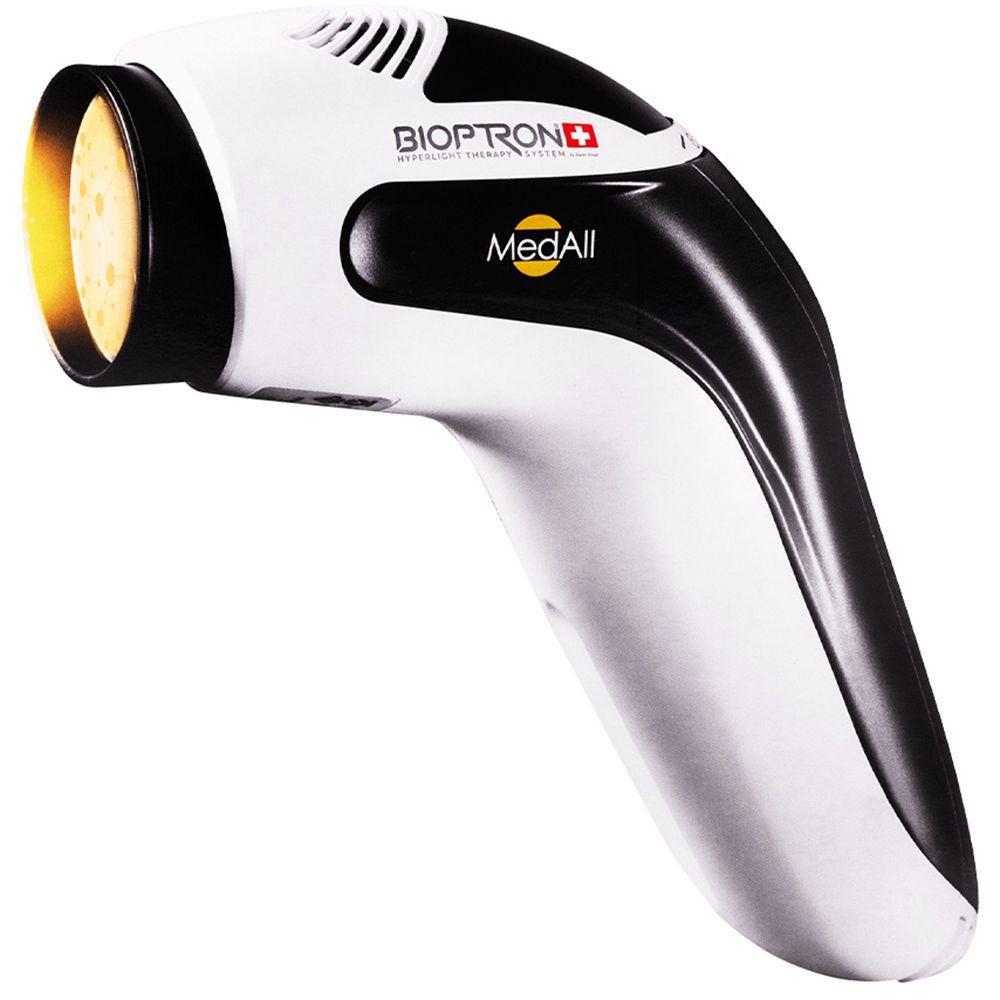 Bioptron MedAll Lichttherapiegerät, weiß und schwarz, mit gelbem Licht.