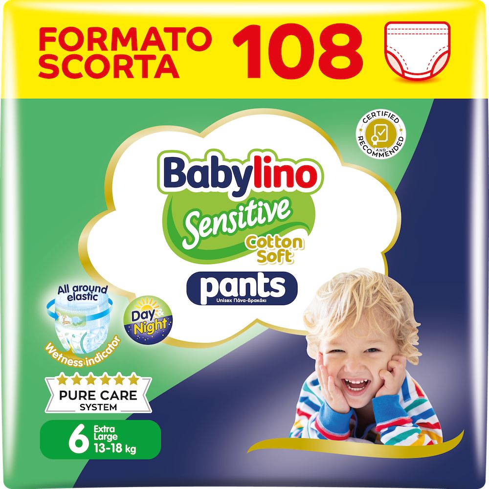 Babylino Sensitive Cotton Soft Pannolini Mutandina Taglia 6, Pants XL (13-18 Kg), 108 Unità