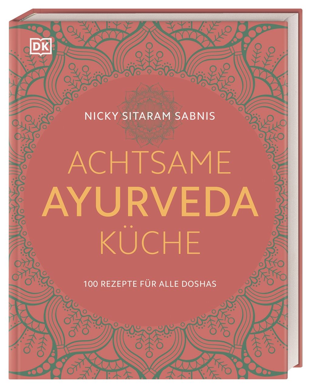 Buch mit dem Titel "Achtsame Ayurveda-Küche". Autor: Nicky Sitaram Sabnis. Auf dem Cover: DK-Logo, roter Hintergrund mit Ornamenten.