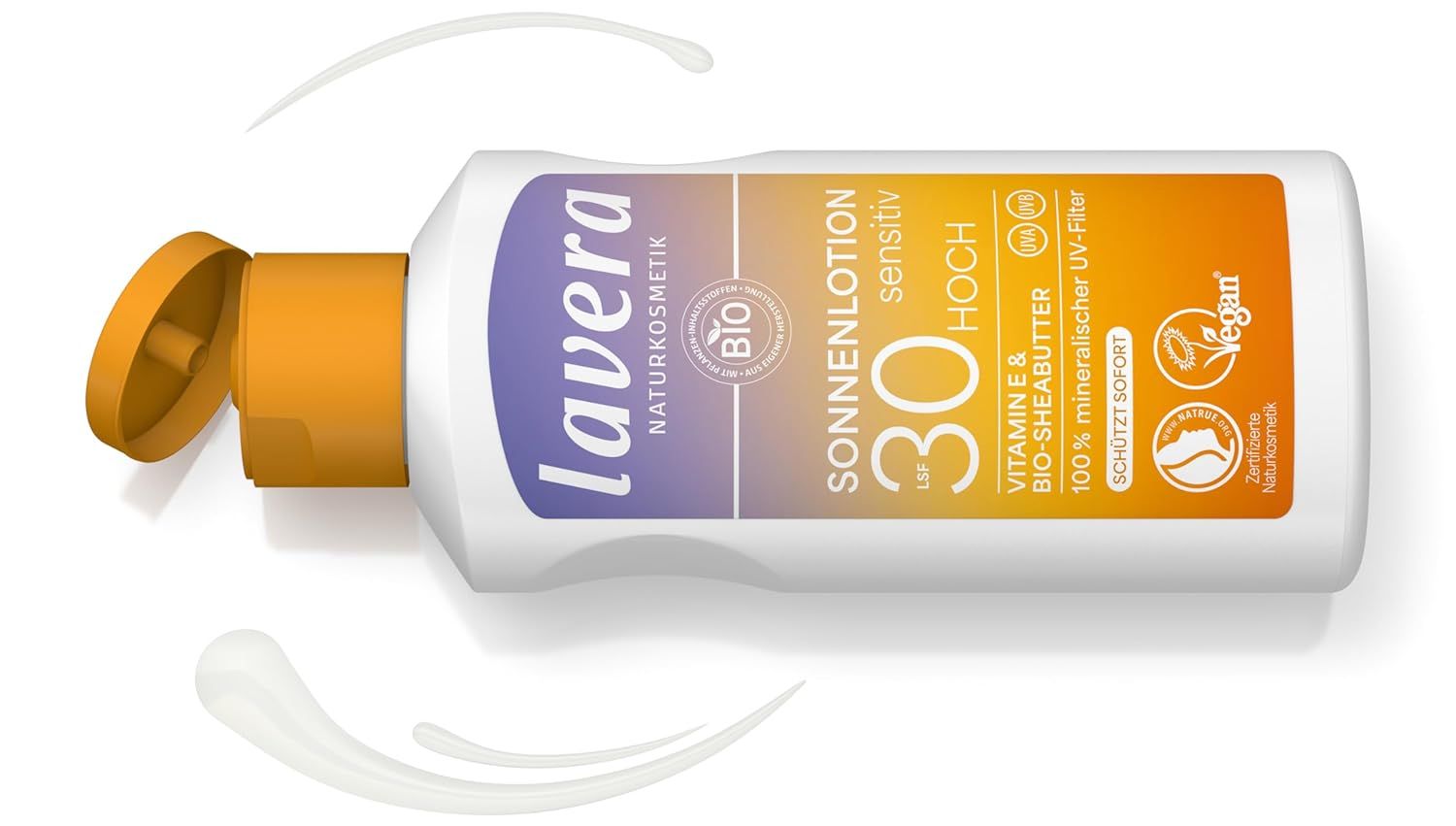 Sonnenlotion-Flasche, liegend, Deckel geöffnet. Aufschrift: lavera, Sonnenlotion Sensitiv LSF 30, BIO, Vegan.
