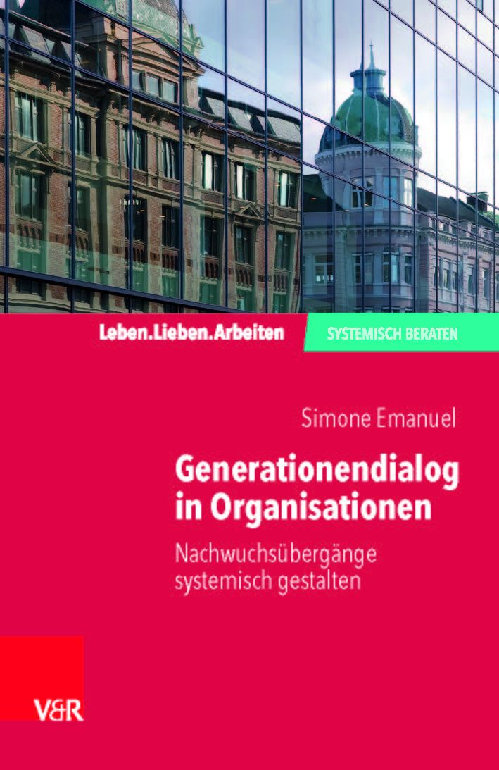 Buchcover: Titel "Generationendialog in Organisationen". Autorin Simone Emanuel. Roter Hintergrund, Gebäude-Reflexion.