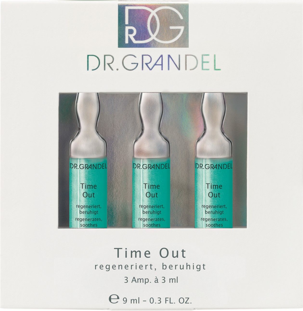 Verpackung mit drei Ampullen. Aufschrift: Dr. Grandel, Time Out, regeneriert, beruhigt. 3 Ampullen, 3 ml, 9 ml - 0.3 FL. OZ.