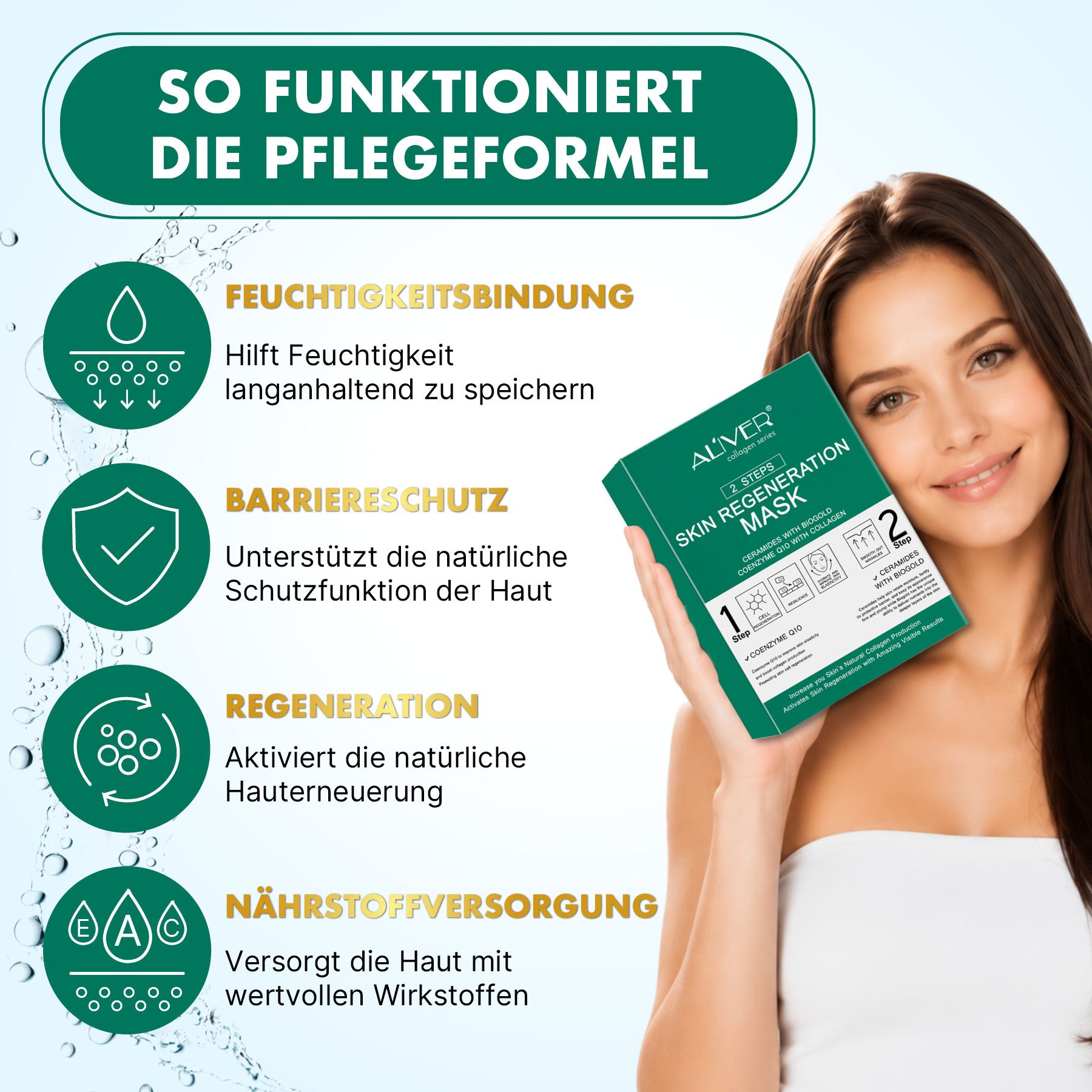 Frau hält ALIVER Skin Regeneration Mask. Links: Feuchtigkeitsbindung, Barriere-, Regenerationsschutz.