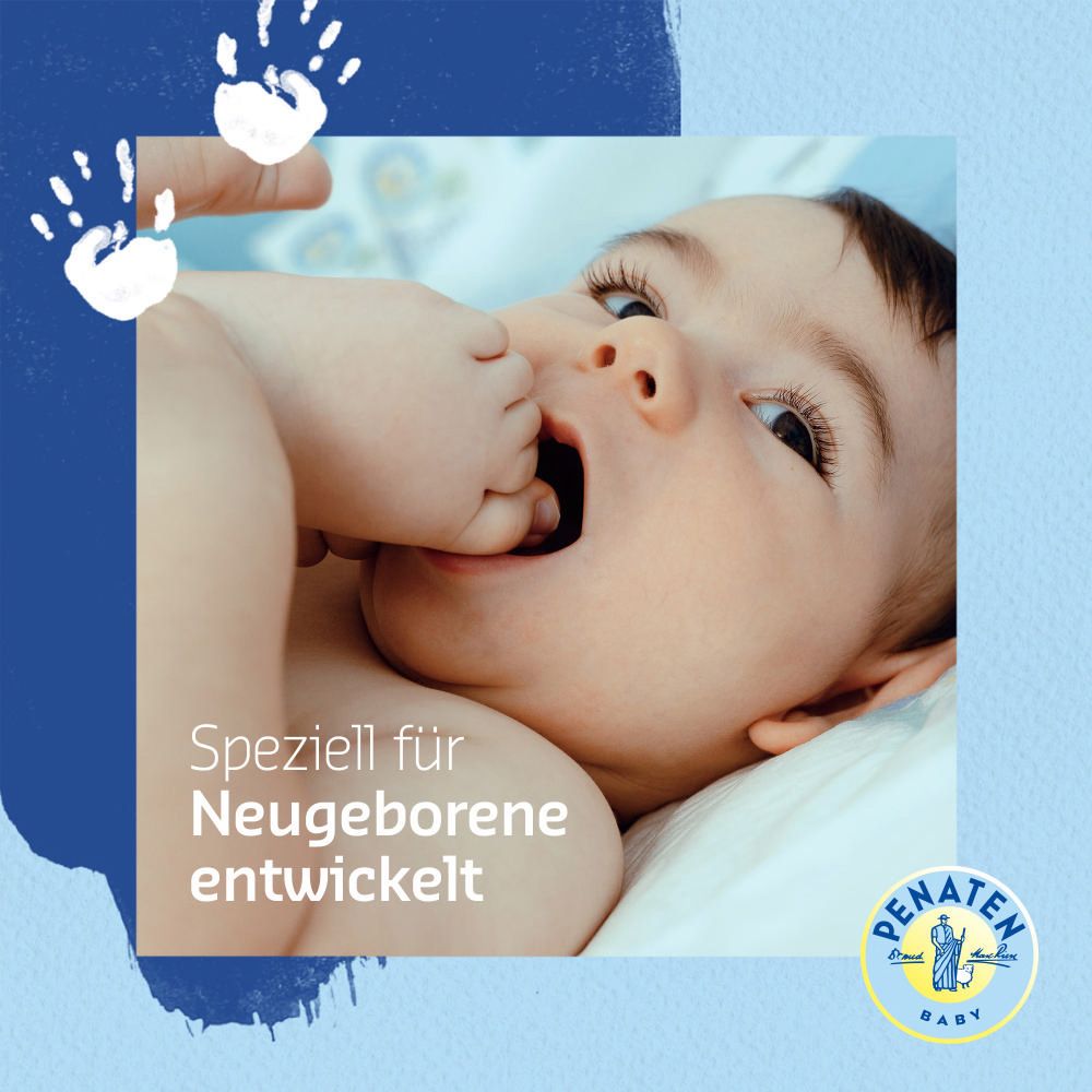 Baby mit Hand im Mund. Text: Speziell für Neugeborene entwickelt. Logo: Penaten Baby.