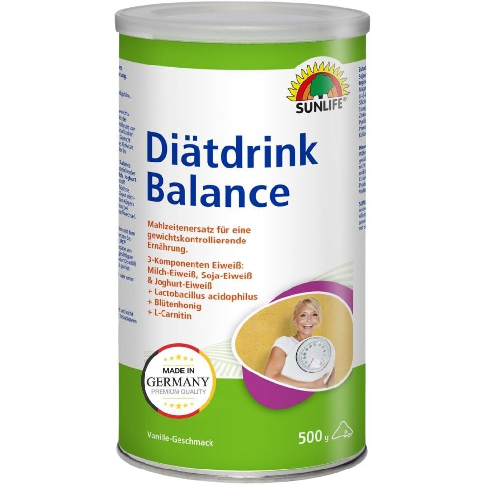 Dose Sunlife Diätdrink Balance. Grün-weiß, mit Produktnamen und Inhaltsstoffen. Frau mit Waage abgebildet. 500g.