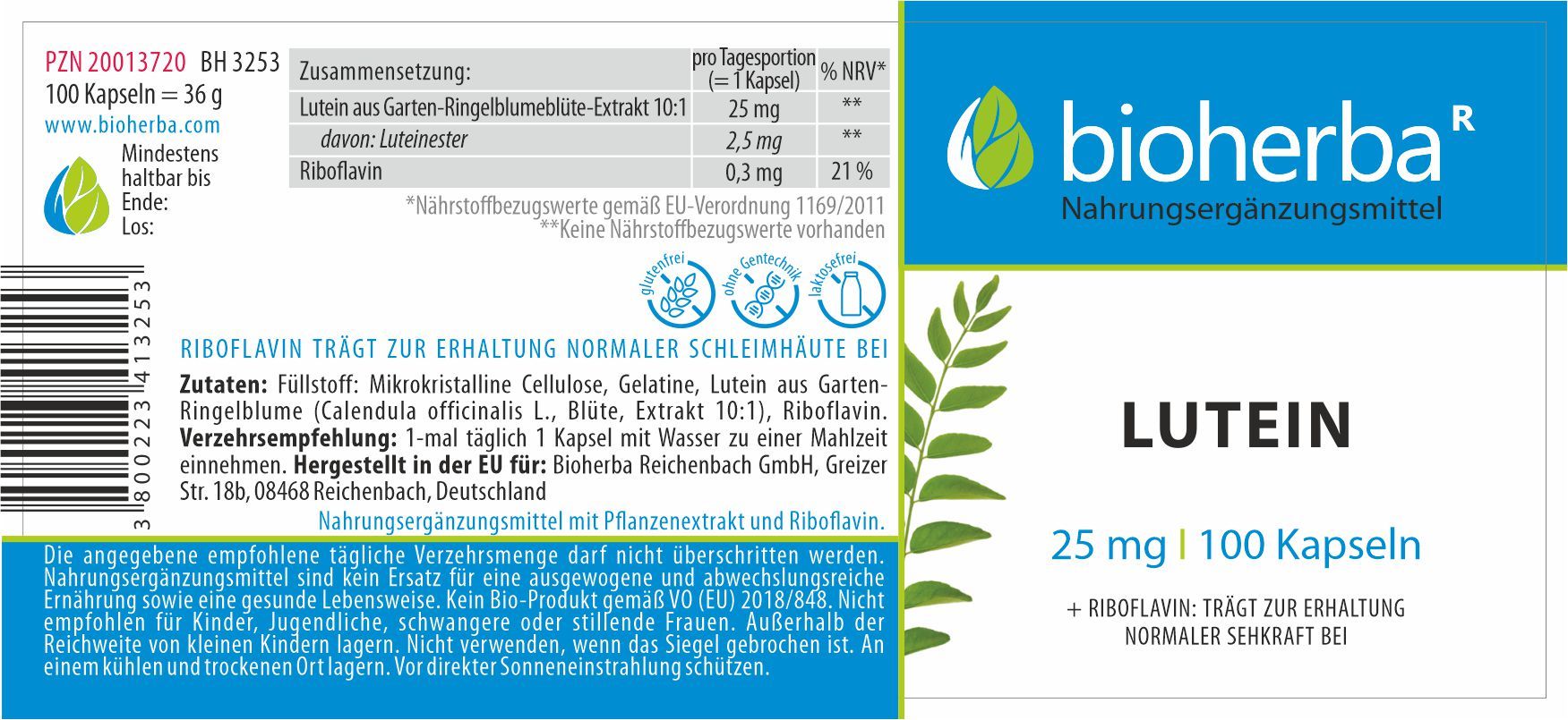 Etikett mit Produktinformationen. Bioherba Lutein Kapseln, 25 mg, 100 Kapseln. Enthält Riboflavin. Zutatenliste und Nährwertangaben.