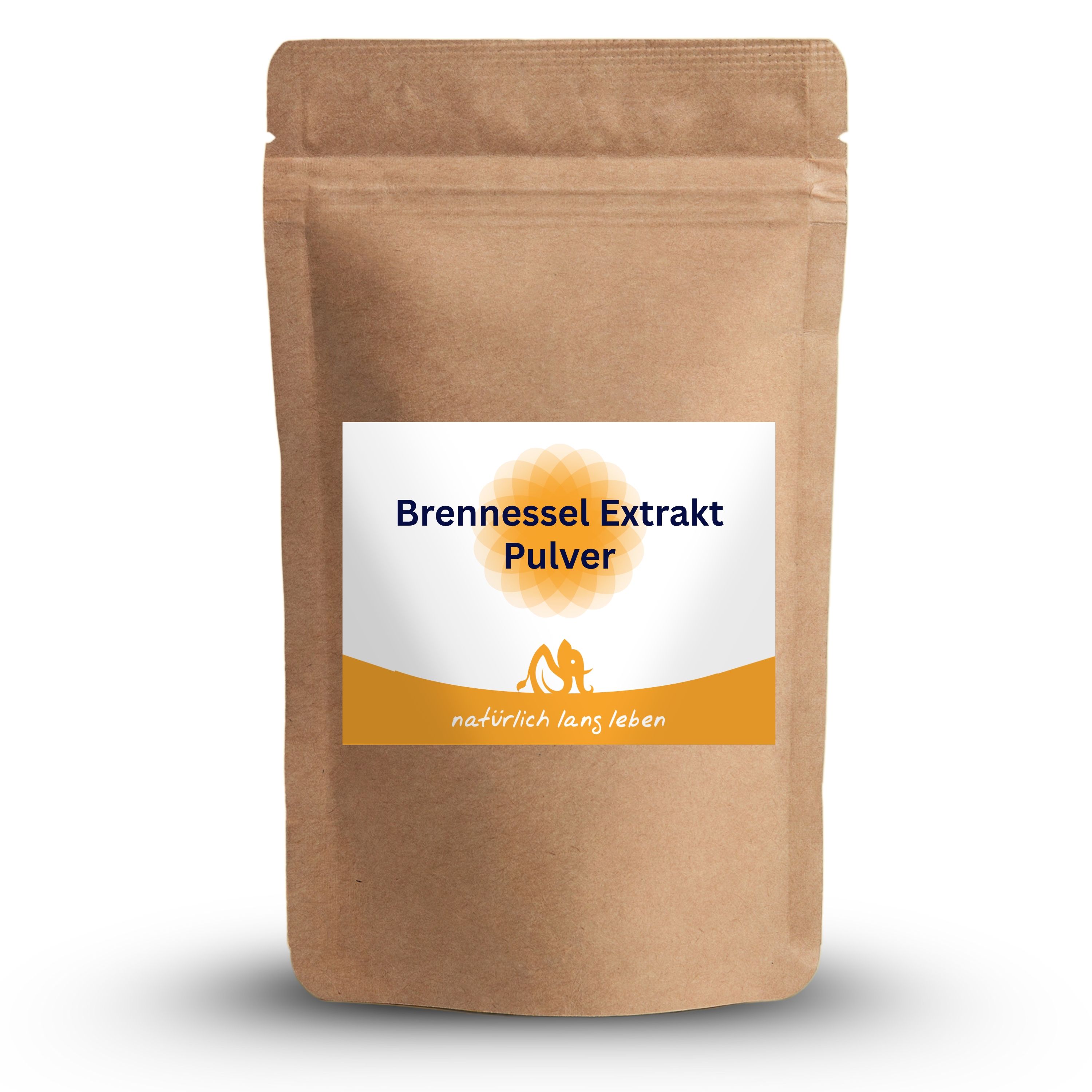 Braune Standbeutel mit Etikett. Aufschrift: Brennessel Extrakt Pulver, natürlich lang leben. Logo mit Sonne und Figur.