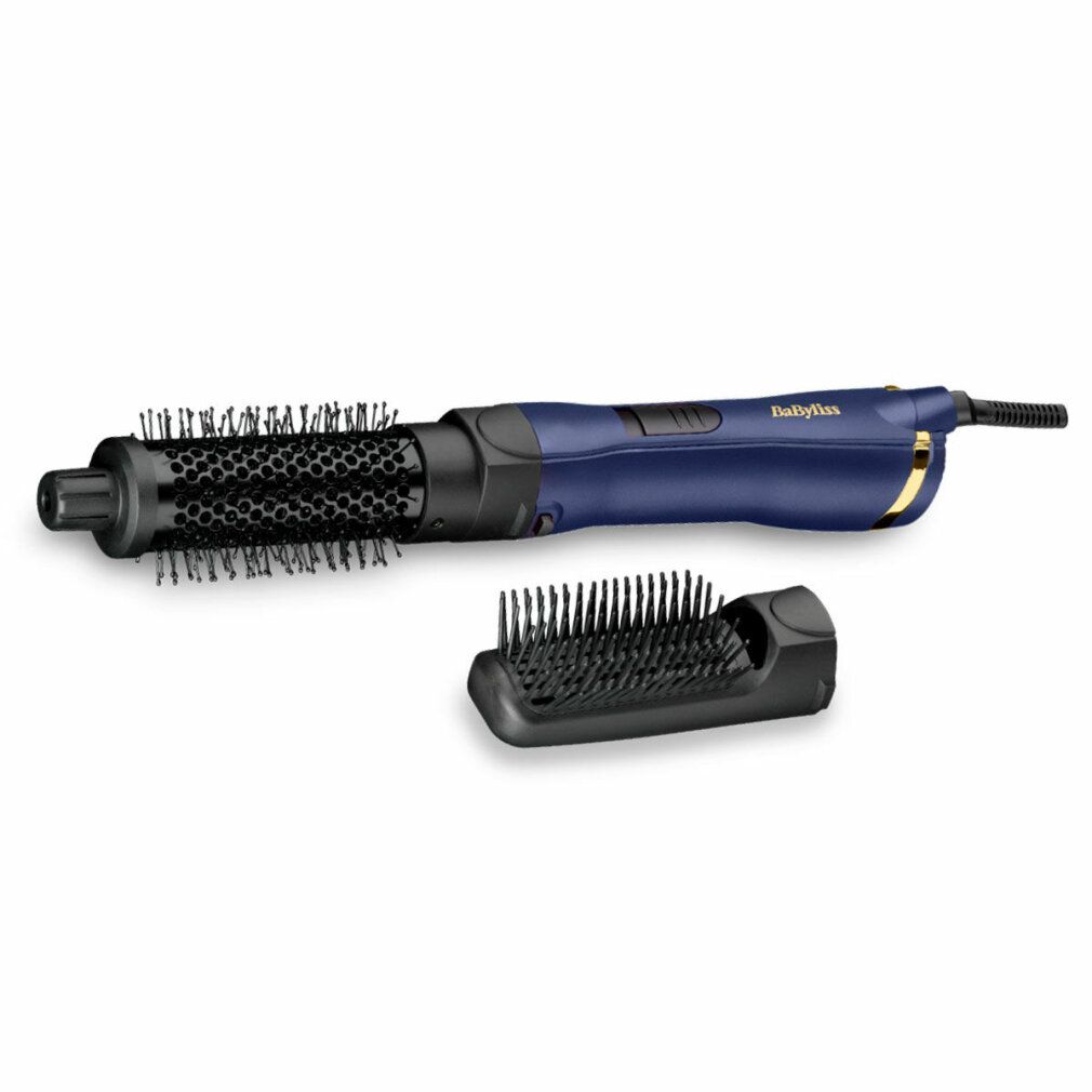 Haarglätter mit blauem Griff und schwarzem Bürstenaufsatz. Ein weiterer Bürstenaufsatz liegt daneben. Marke: BaByliss.