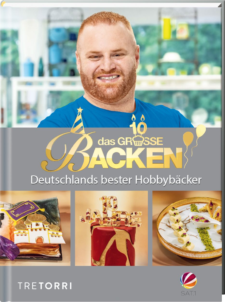Buchcover von "Das große Backen". Ein Mann lächelt. Titel und Untertitel sind sichtbar. Unten sind Kuchen abgebildet.