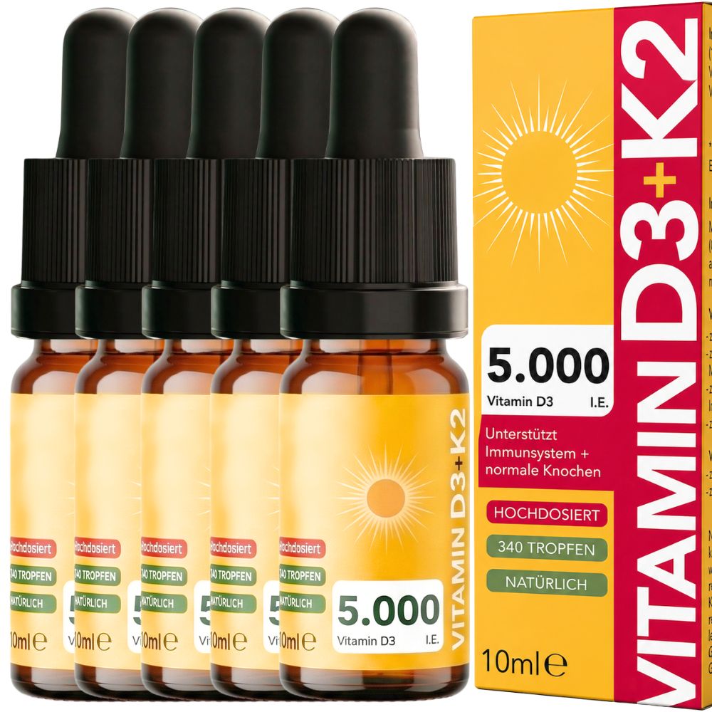 SOS-Apo Vitamin D3 + K2 Tropfen hochdosiert 5000 I.e. 100 µg – vegan, MCT-Öl 5x10 ml