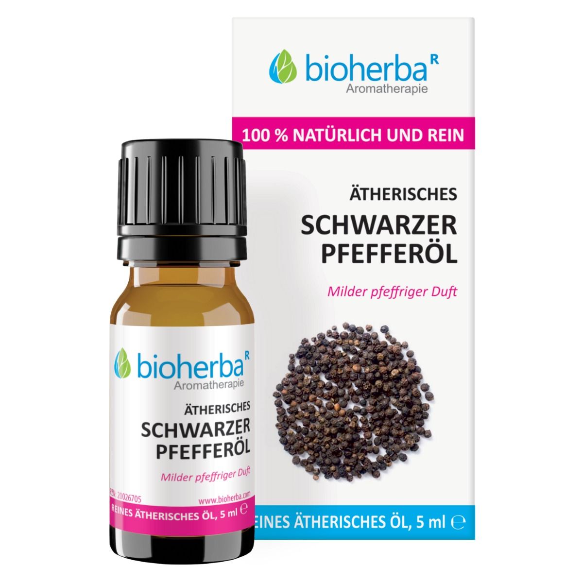 Braune Glasflasche mit schwarzem Deckel und Etikett. Daneben eine Schachtel mit Produktinformationen und Pfefferkörnern.