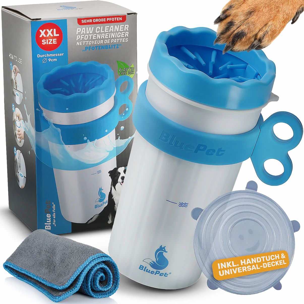 Pfotenreiniger, blau-weiß, mit Griff, Deckel, Handtuch. XXL-Größe. Logo: BluePet. Inkl. Handtuch & Deckel.