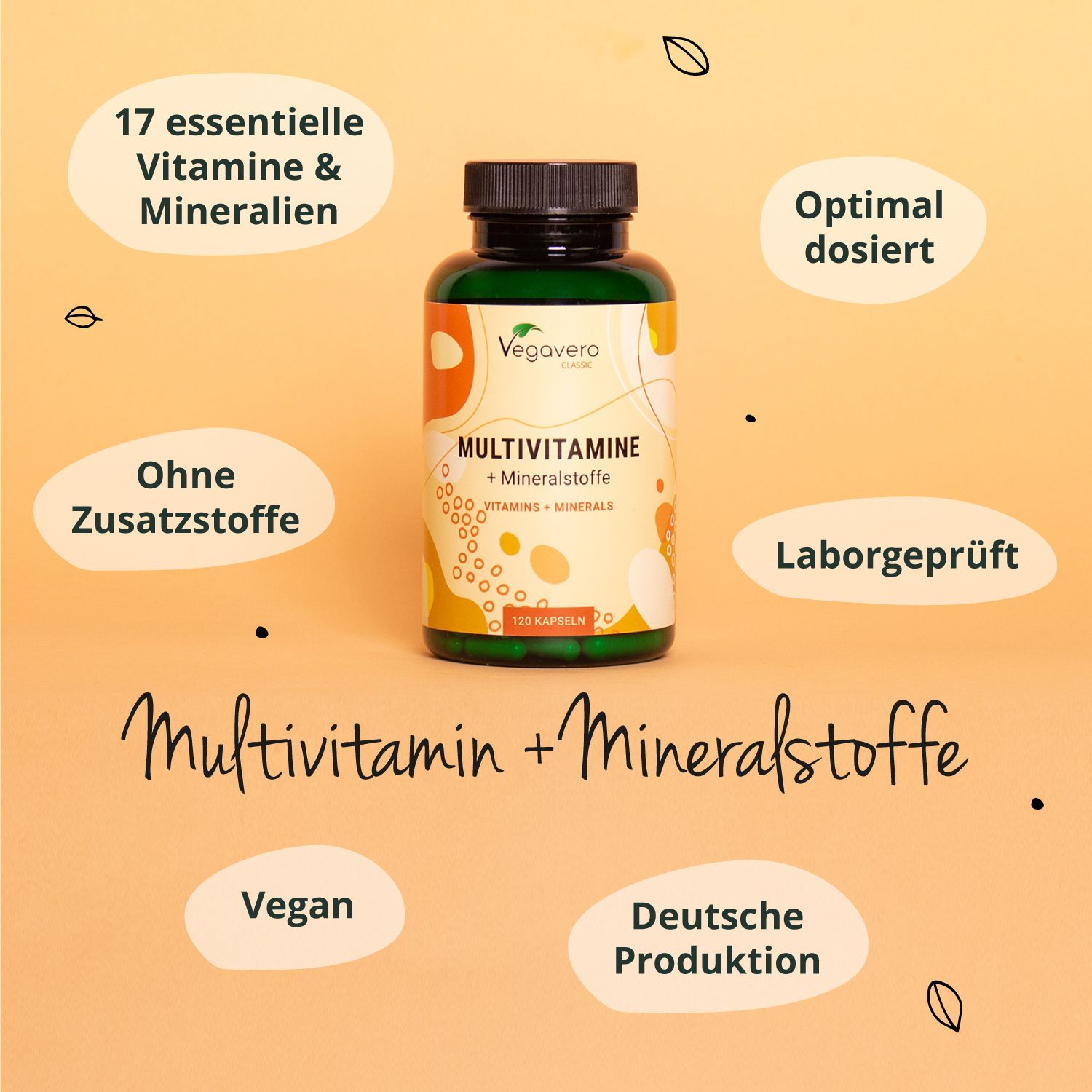 Flasche mit Vegavaro Multivitamine + Mineralstoffe. Text: 17 essentielle Vitamine & Mineralien, ohne Zusatzstoffe, vegan, deutsche Produktion.