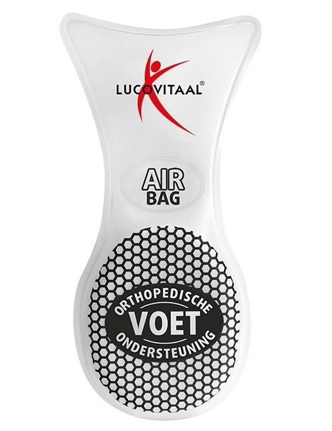Support de pied orthopédique blanc avec logo "Lucovitaal" et texte "Air Bag". Surface noire en nid d'abeille.