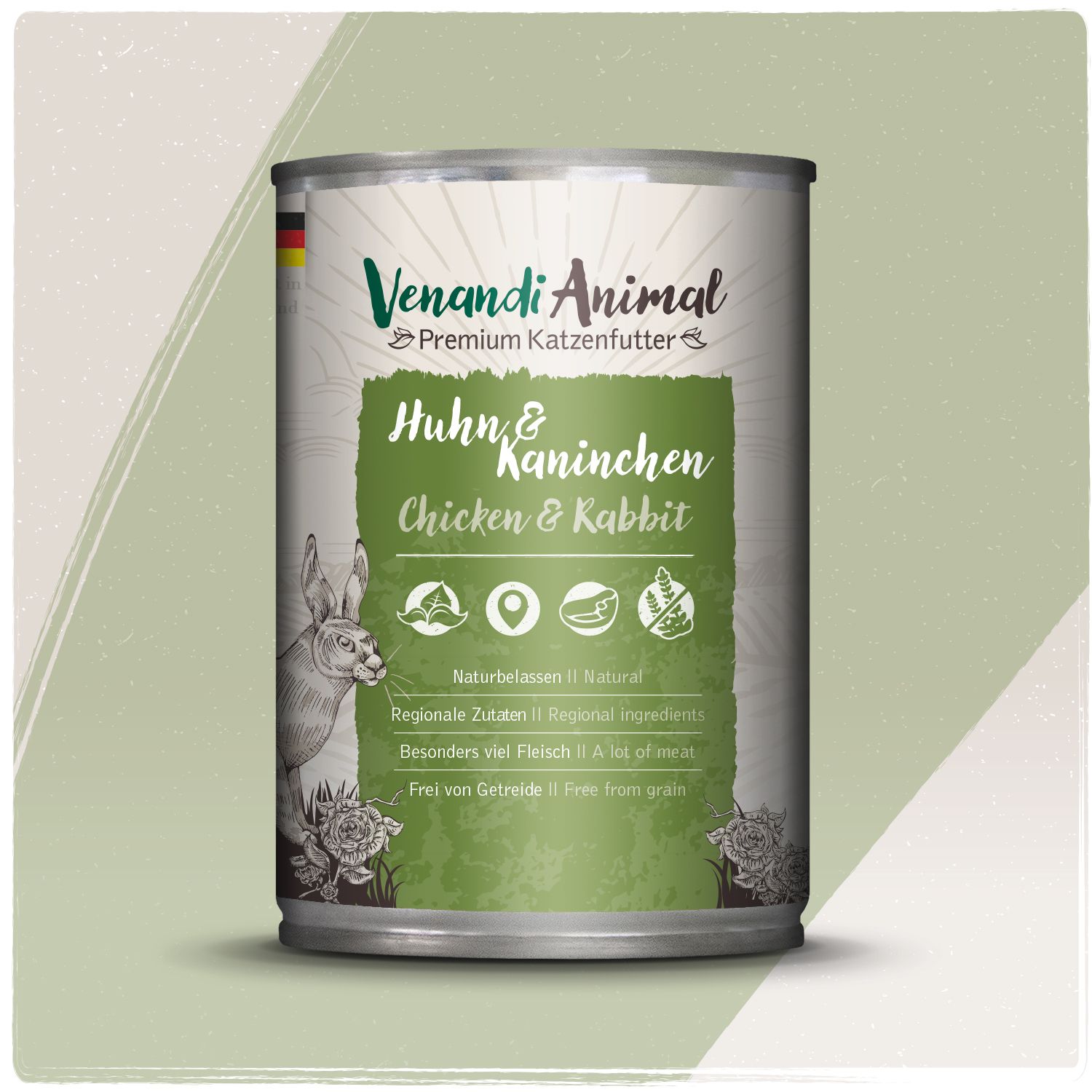 Venandi Animal Premium Katzenfutter Huhn & Kaninchen in Dose. Mit Kaninchen-Illustration.