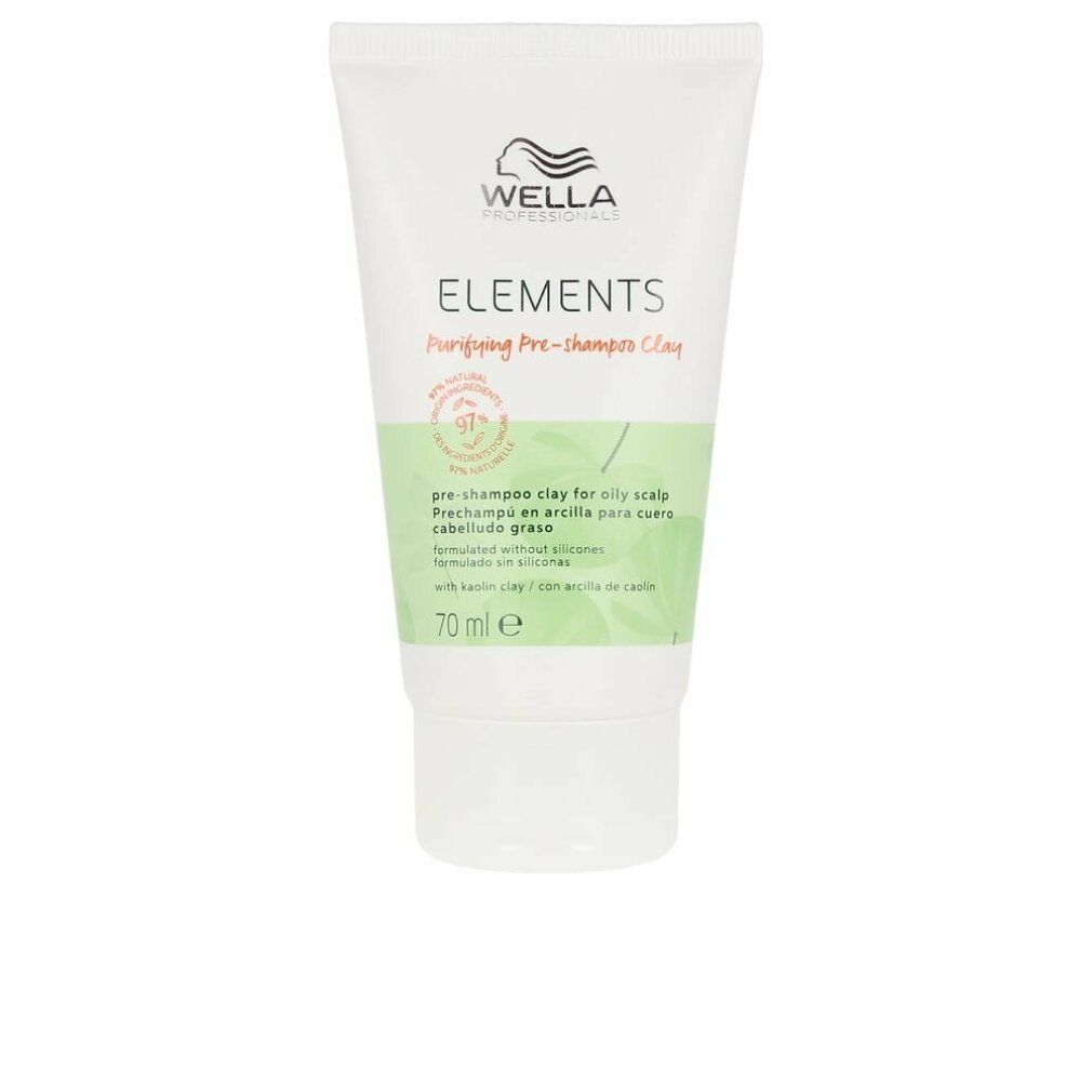 Weiße Tube mit Wella Elements. Text: Purifying Pre-shampoo Clay, 91% Inhaltsstoffe natürlichen Ursprungs. 70 ml.
