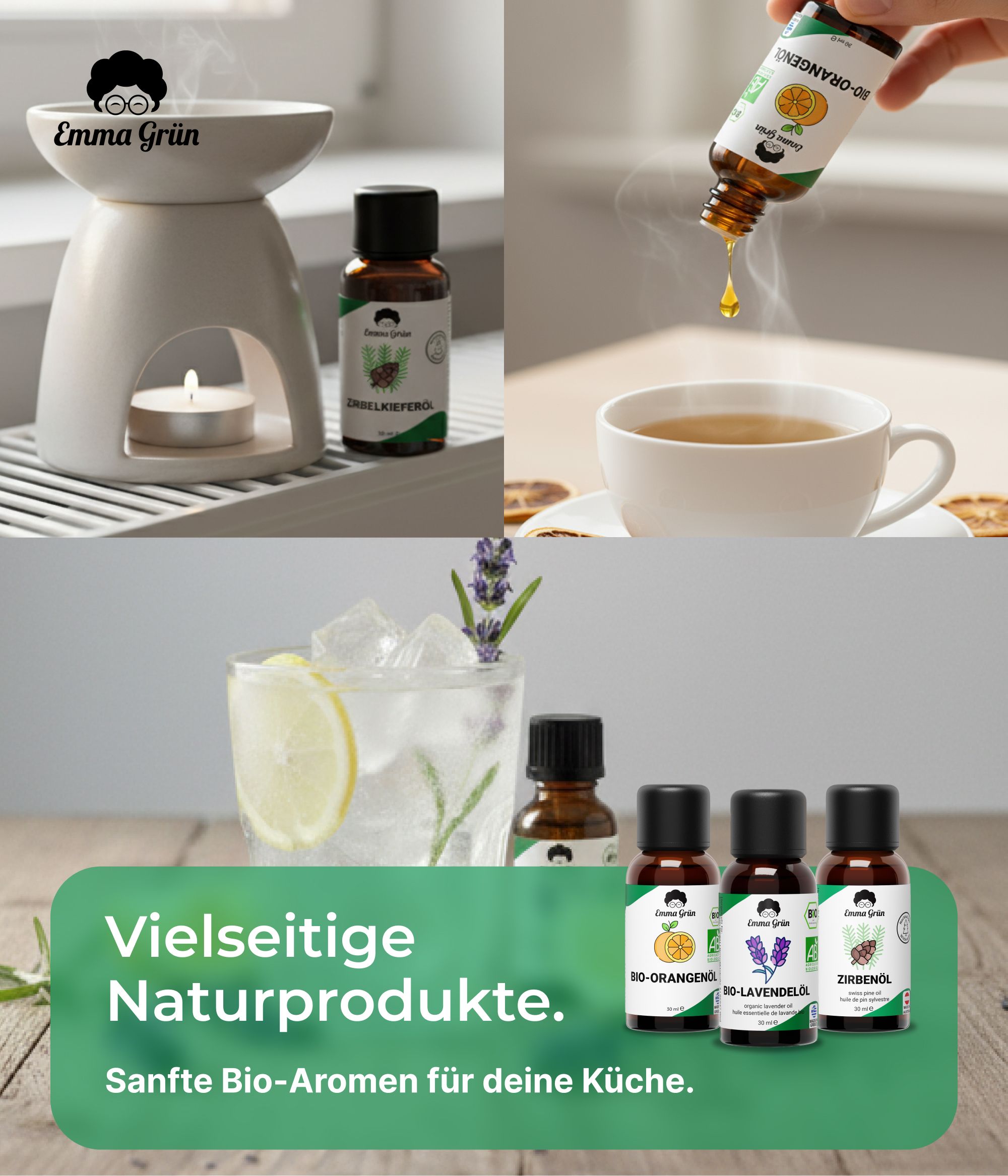 Drei Flaschen mit Produktnamen und Logo. Aroma Diffusor, Teetasse und Cocktail. Text über Naturprodukte.