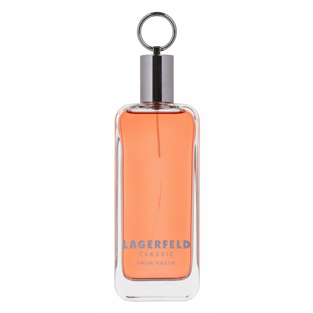 Karl Lagerfeld Classic Eau de Toilette für Herren. Rechteckige Glasflasche mit silbernem Verschluss und Ring. Flüssigkeit orange.