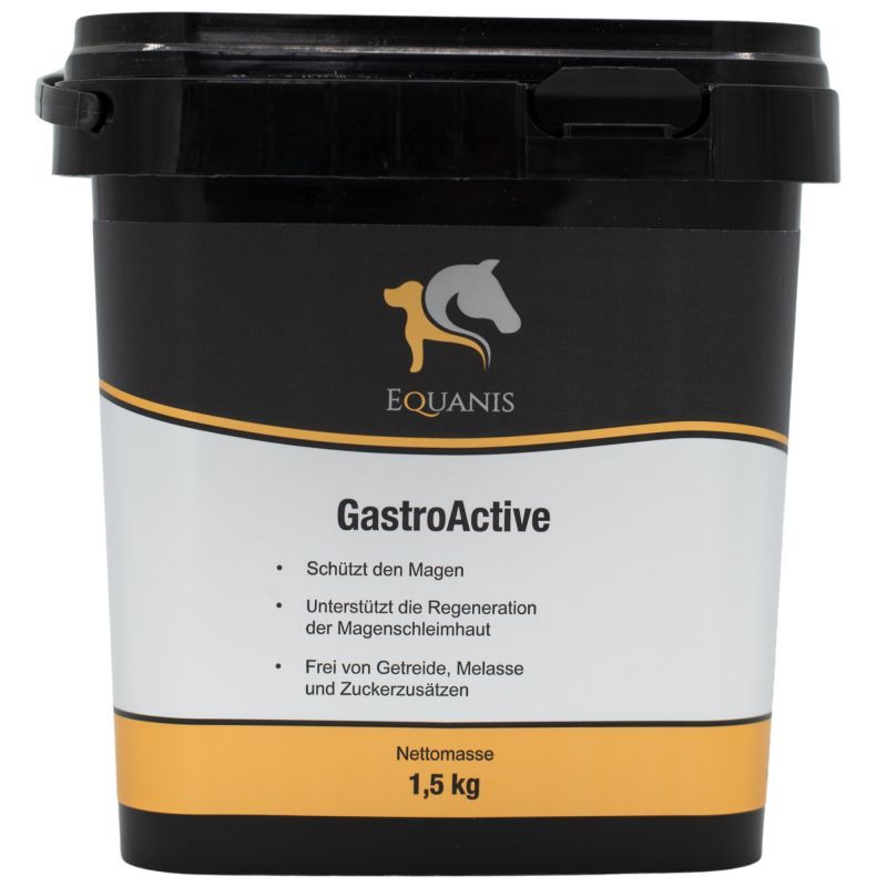 Schwarzer Eimer mit Produktetikett. Logo mit Hund und Pferd. Text: GastroActive, 1,5 kg. Schützt den Magen. Frei von Getreide, Melasse und Zuckerzusätzen.