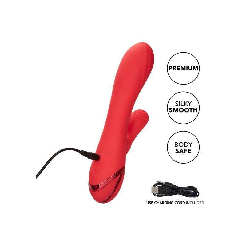 Roter Vibrator mit USB-Ladekabel. Symbole: Premium, Silky Smooth, Body Safe.