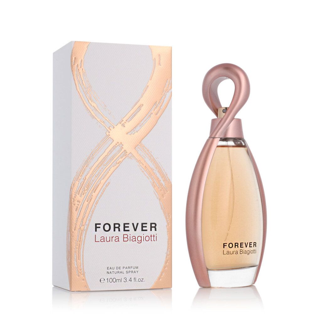 Parfümflasche und Verpackung. Flasche mit rosafarbenem Rahmen und Verschluss. Aufschrift: Forever Laura Biagiotti.