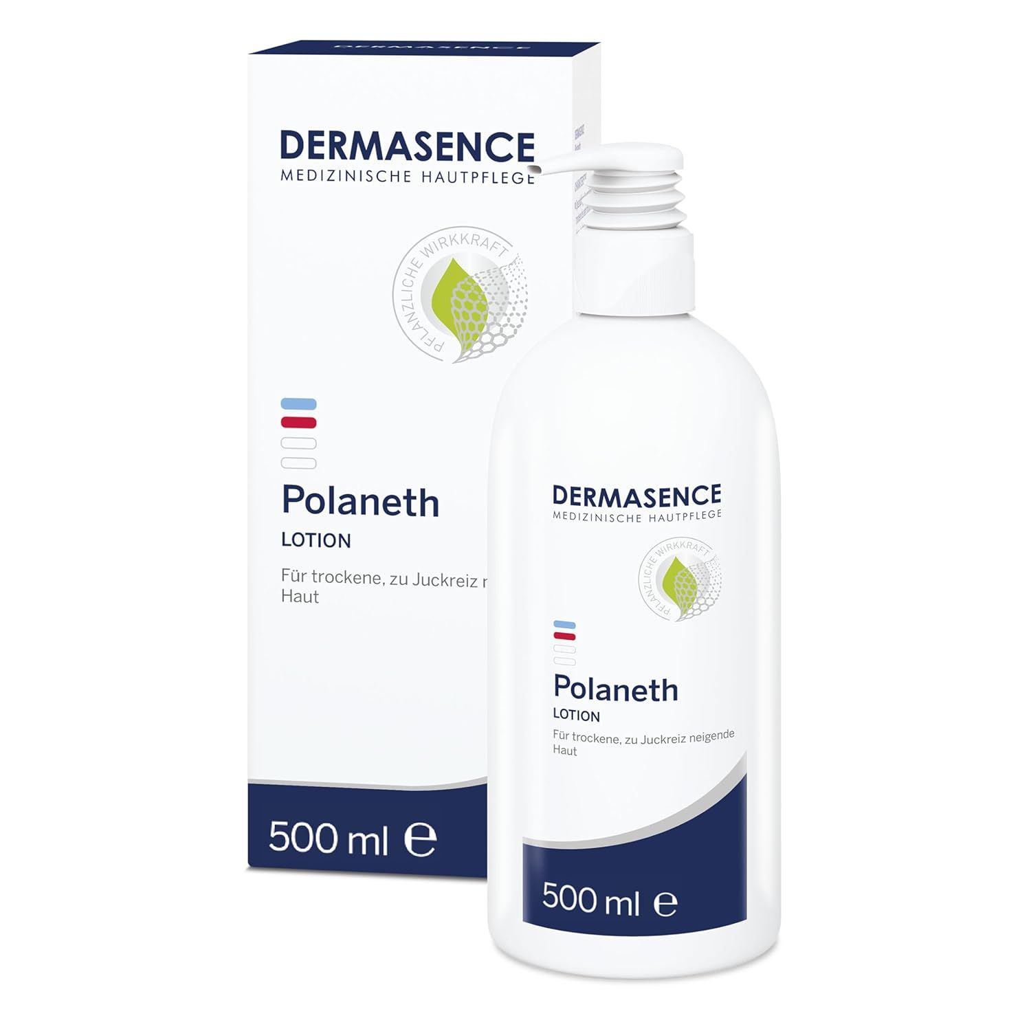 Weiße Flasche DERMASENCE Polaneth Lotion mit Pumpe und Karton. Text: Für trockene, zu Juckreiz neigende Haut. 500 ml.