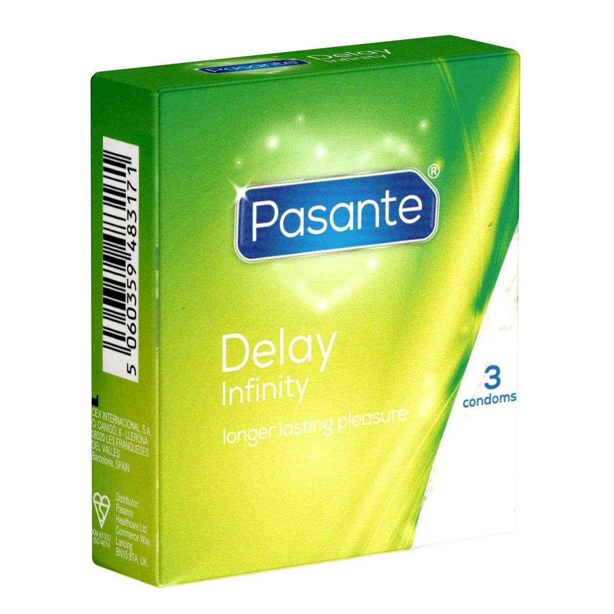 Confezione verde Pasante "Delay Infinity" con 3 preservativi. Scritta: "longer lasting pleasure". Logo Pasante blu.