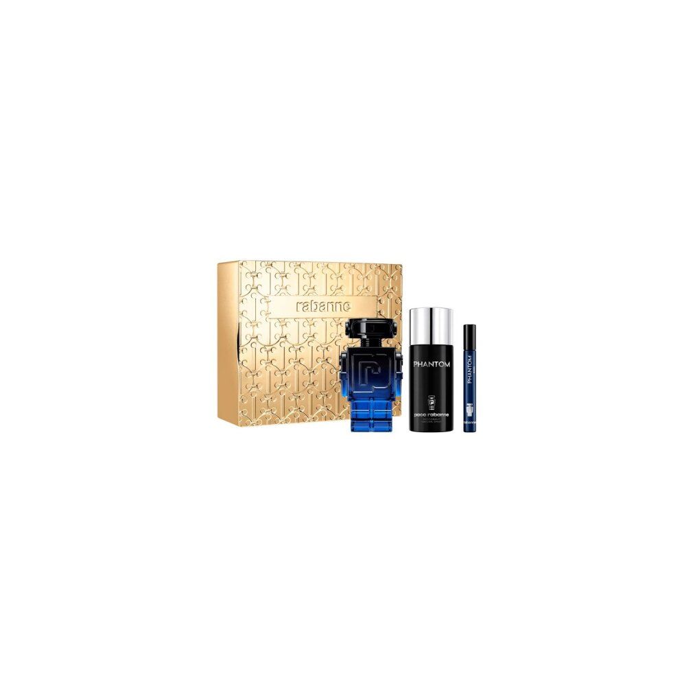 Paco Rabanne Phantom Geschenkset mit Roboter-förmigem blauen Parfümflakon, schwarzem Deostick und kleinem Reisezerstäuber.