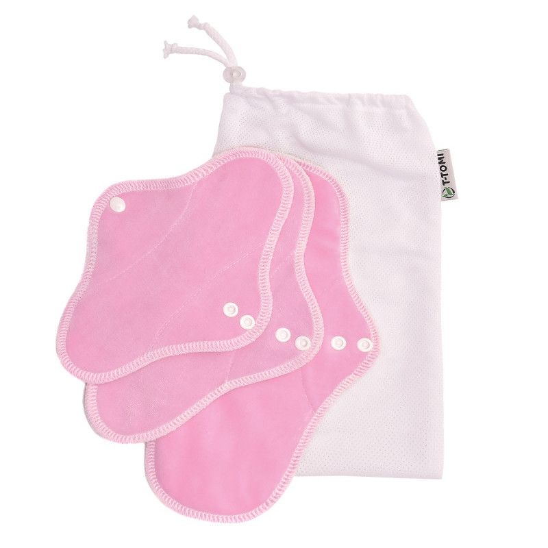 Rosa Stoffbinden mit Druckknöpfen, zusammen mit einem weißen Beutel. Das Logo T-TOMI ist sichtbar.