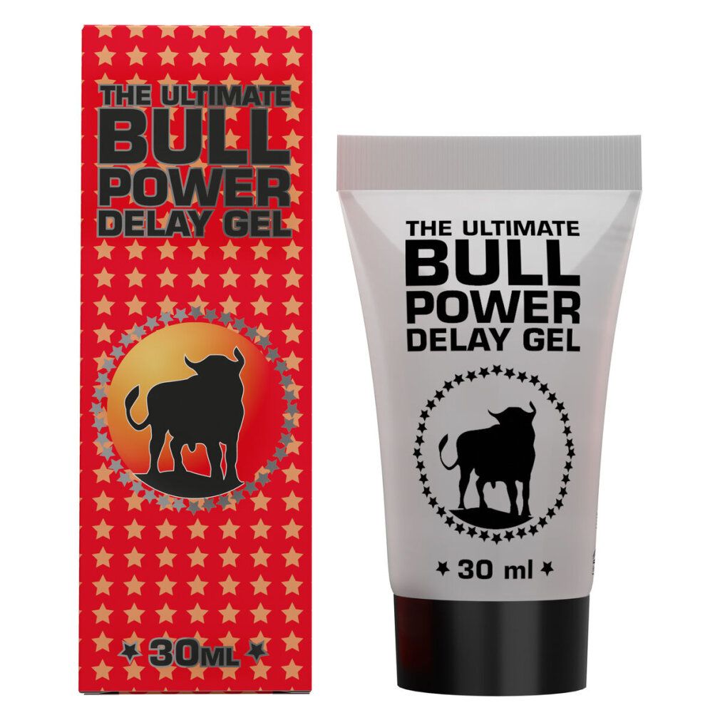 Tube und Schachtel mit Produktnamen und Bullen-Logo. Text: The Ultimate Bull Power Delay Gel. 30 ml.