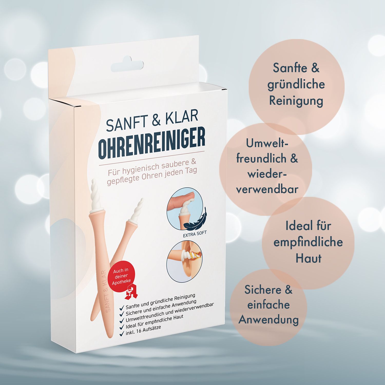 Verpackung mit Ohrenreiniger. Text: SANFT & KLAR OHRENREINIGER. Illustrationen und Text über Vorteile des Produkts.