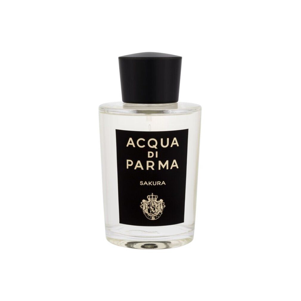 Glasflakon mit schwarzem Verschluss. Aufschrift: Acqua di Parma Sakura. Schwarzes Etikett.