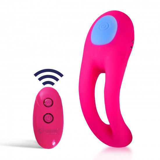Pinkfarbener Vibrator mit blauem Knopf und Fernbedienung. Die Fernbedienung hat zwei Knöpfe und ein Funk-Symbol.